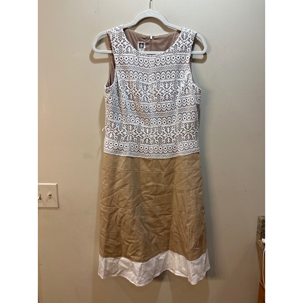 Anne Klein White Crochet Lace Tan Colorblock Sleeveless Midi Dress Size 10